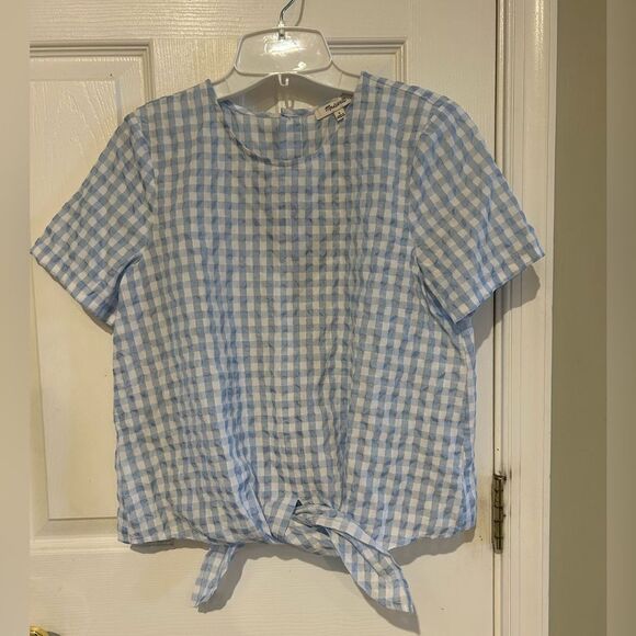 Madewell Button-Back Tie Front Short Sleeve Blue & White Gingham Check Blouse S - Picture 6 of 13